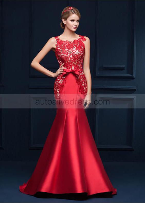 Beaded Red Lace Satin Keyhole Back Fantastic Evening Dress 